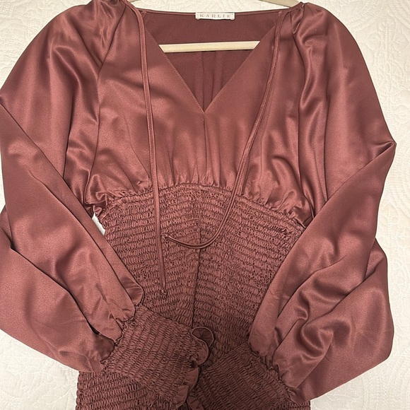 NWOT RARE Karlie Smocked Satin Ruffled Mini Dress in Muave Size S - Picture 6 of 11